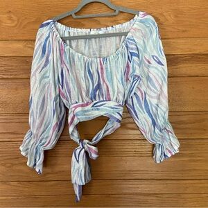 Diana Made in Positano linen zebra striped puff sleeve wrap crop top